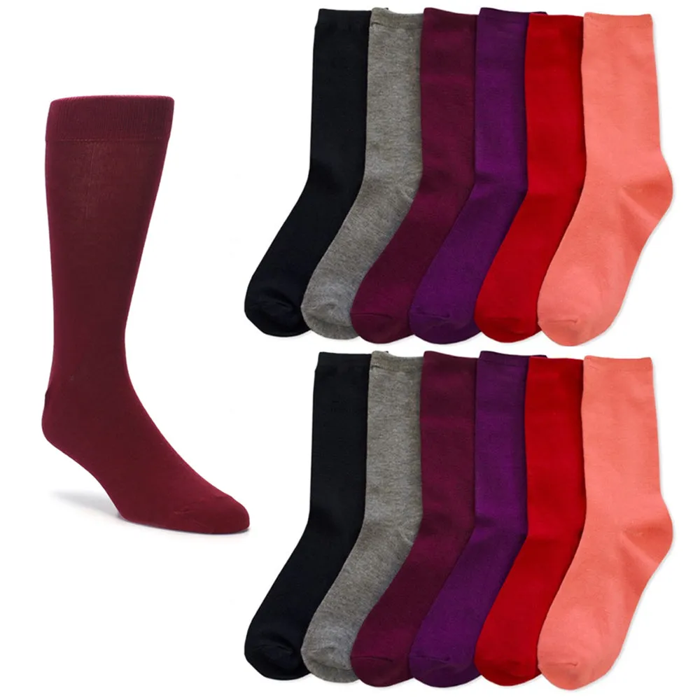 12 Pair Knocker Crew Socks Assorted Solid Color Women Casual Wear Work Size 9-11