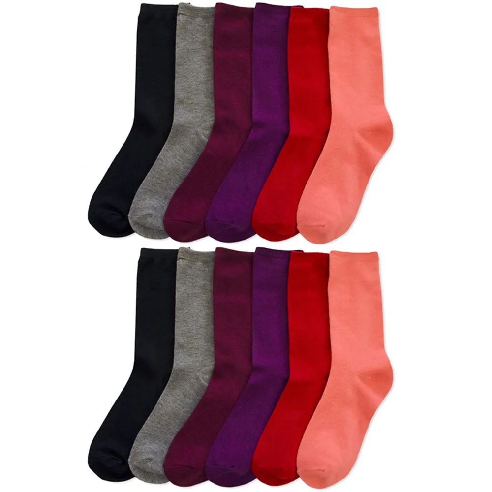 12 Pair Knocker Crew Socks Assorted Solid Color Women Casual Wear Work Size 9-11