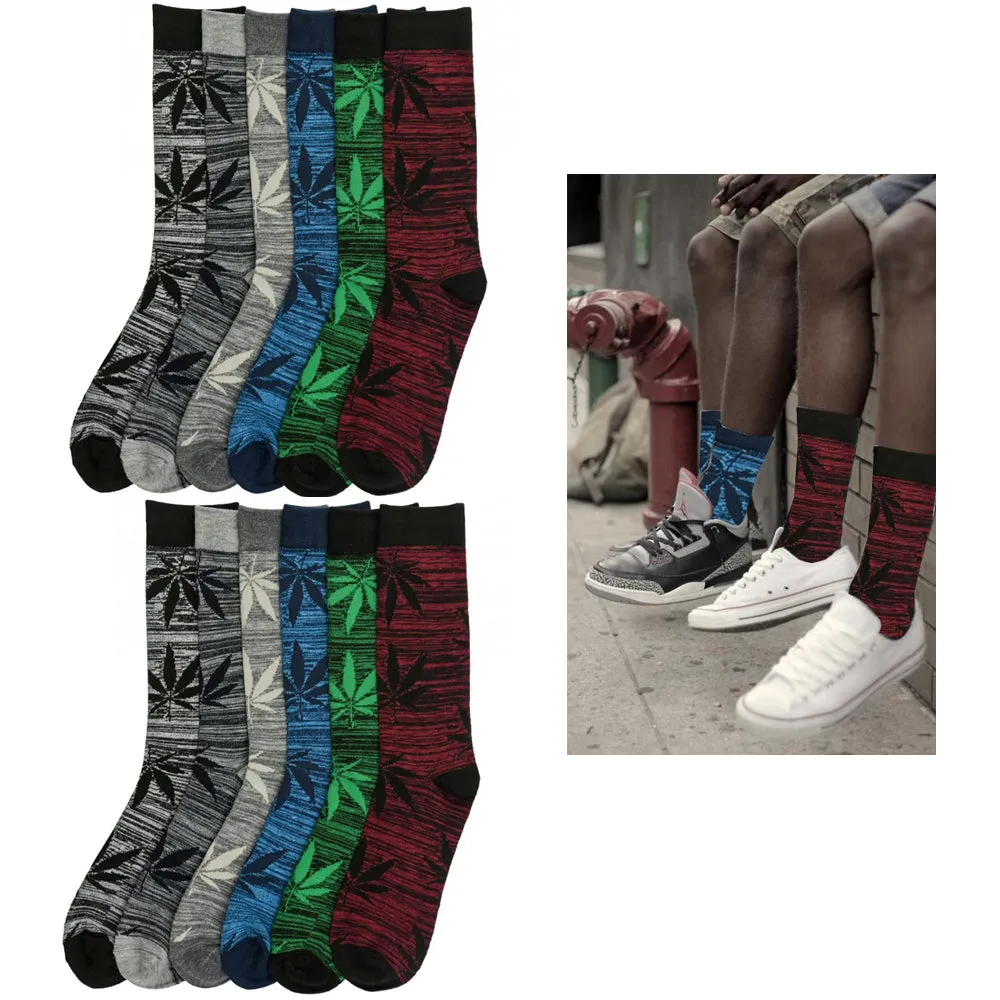 12 Pair Knocker Crew Socks Leaf Design Men Casual Wear Work Size 10-13