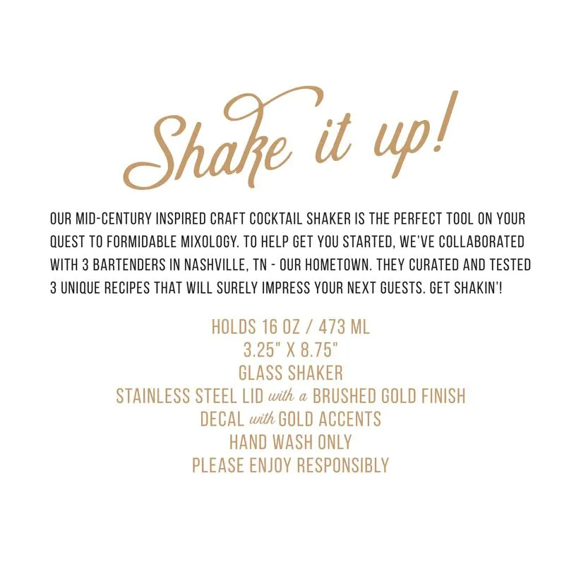 Gold Retro Recipe - Glass and Stainless Steel Cocktail Shaker 16 oz
