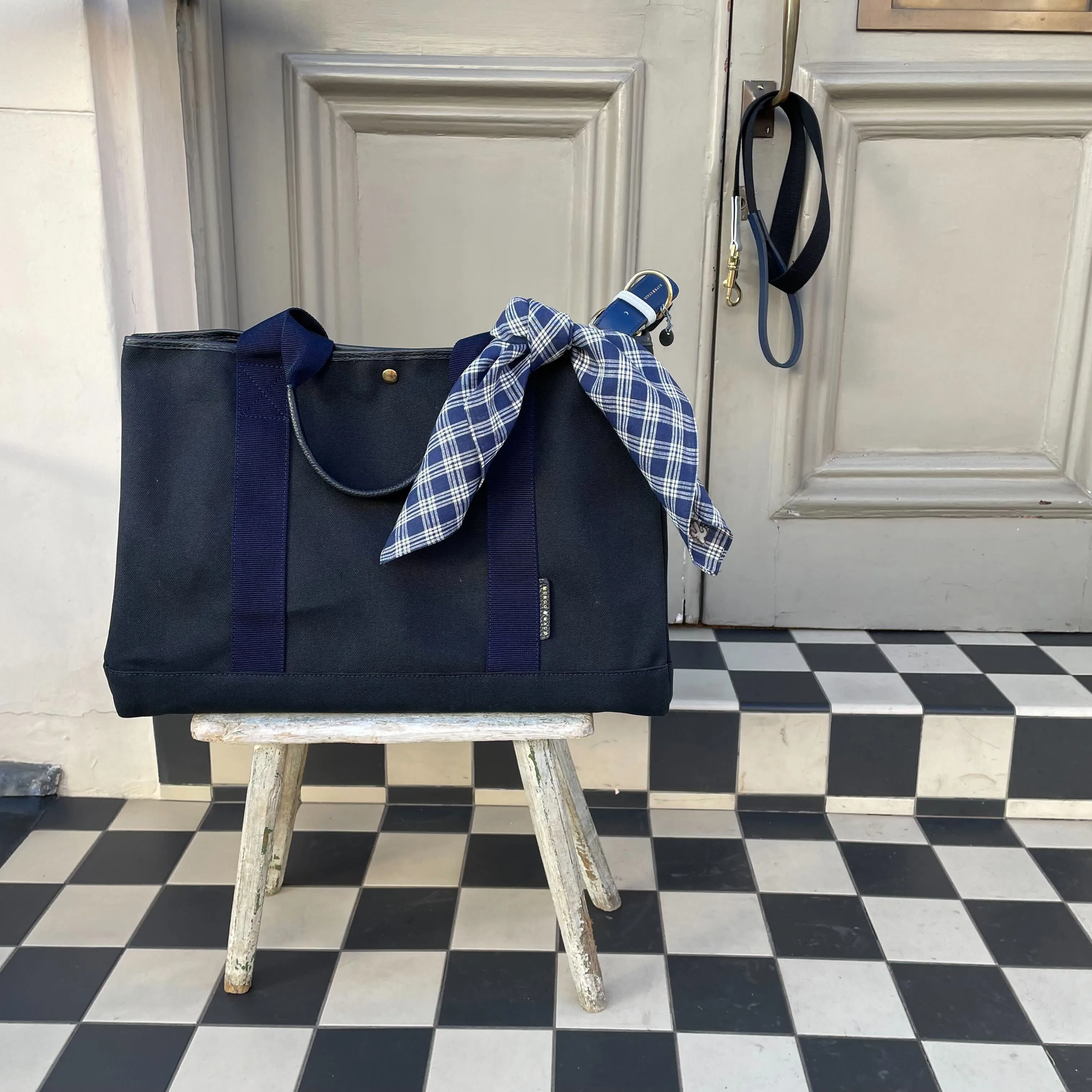 Lifestyle Image: Navy Tortue Bag and Blue Check Bandana