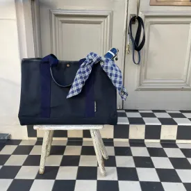 Lifestyle Image: Navy Tortue Bag and Blue Check Bandana
