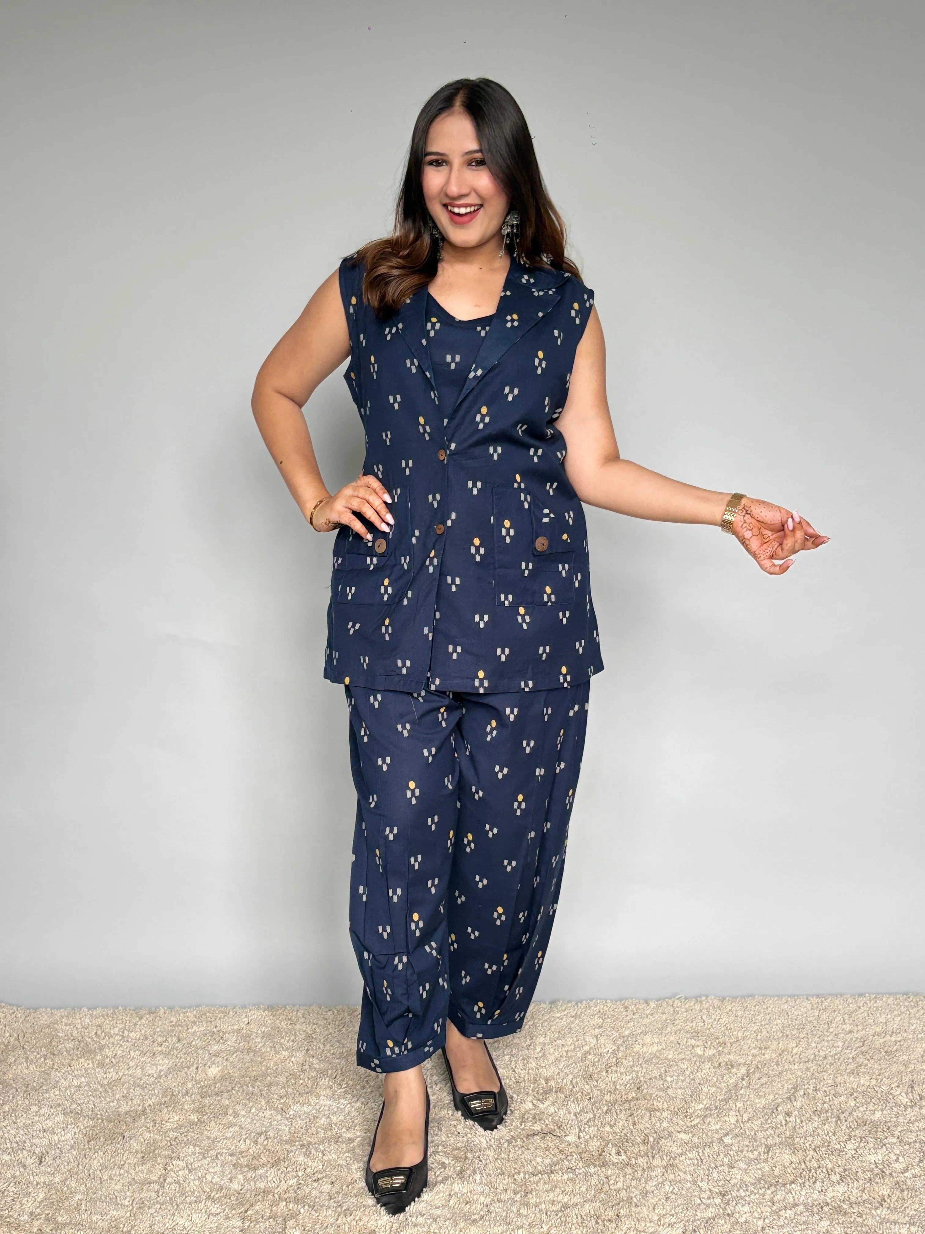 Navy Blue 3 Piece Printed Set