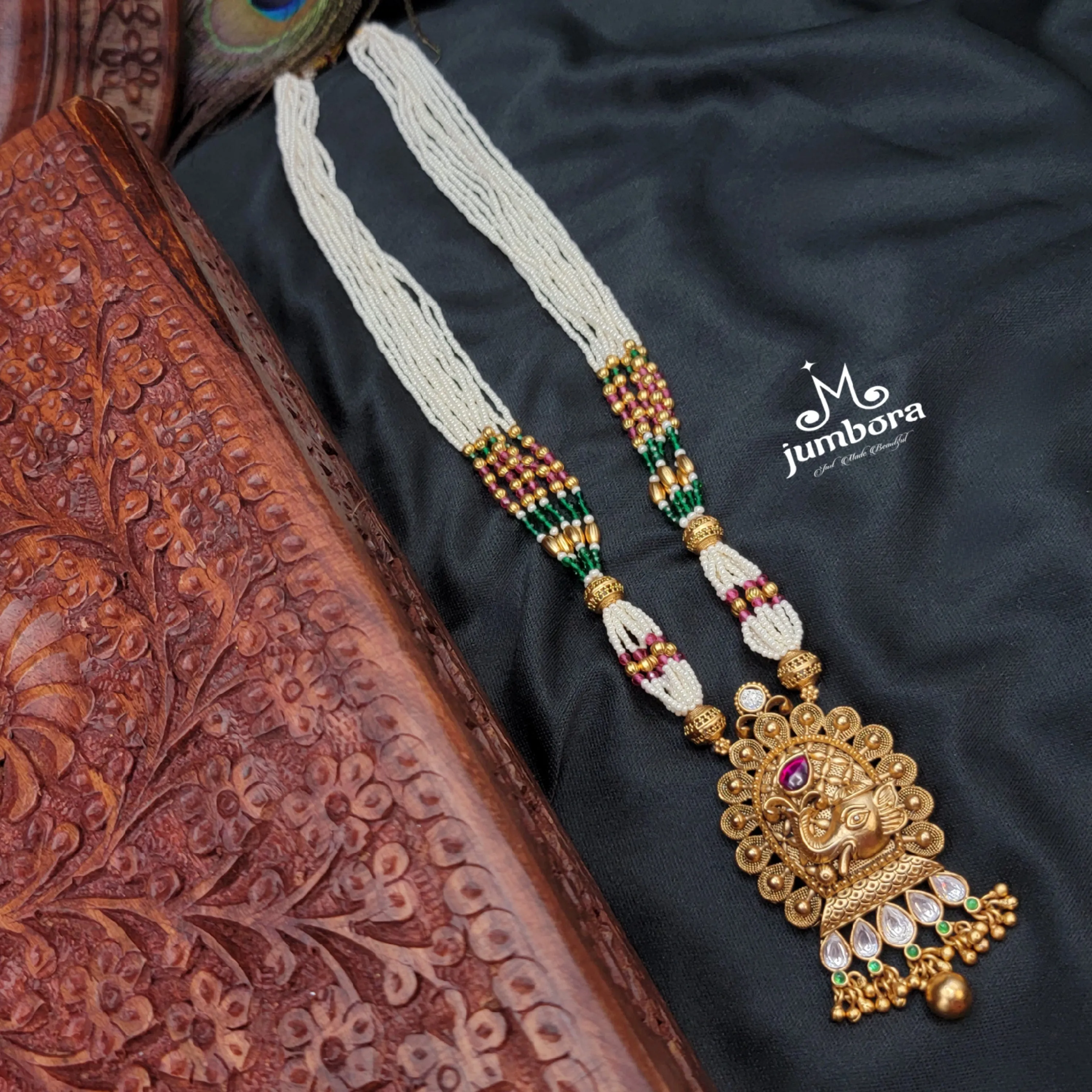 Rajwadi Ganesha Paachi Kundan Pearl & Red Green Hydro beads Mala set