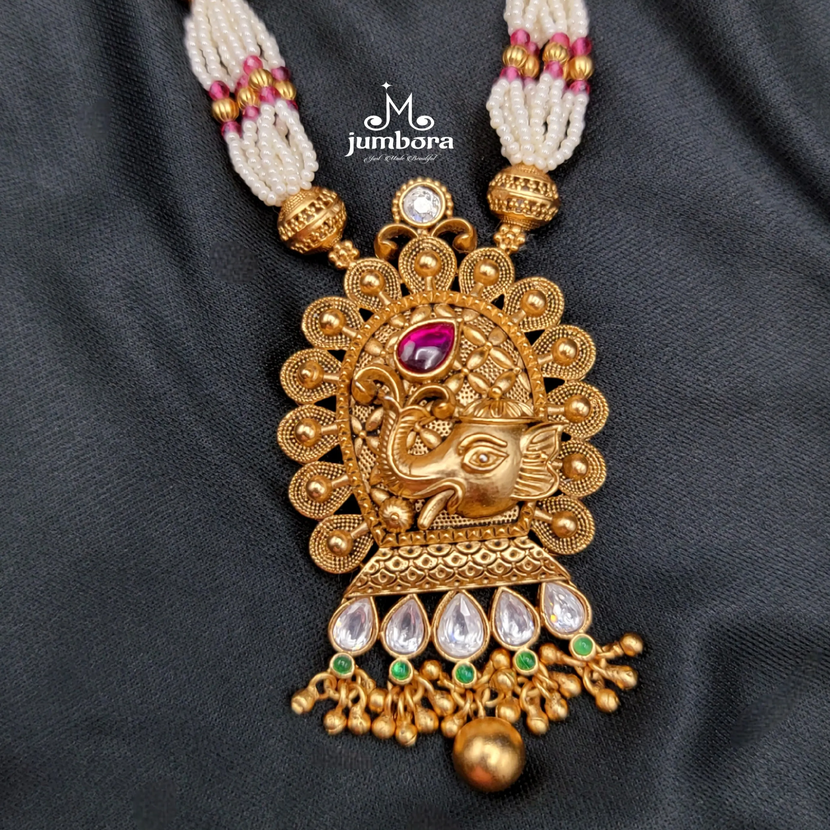Rajwadi Ganesha Paachi Kundan Pearl & Red Green Hydro beads Mala set