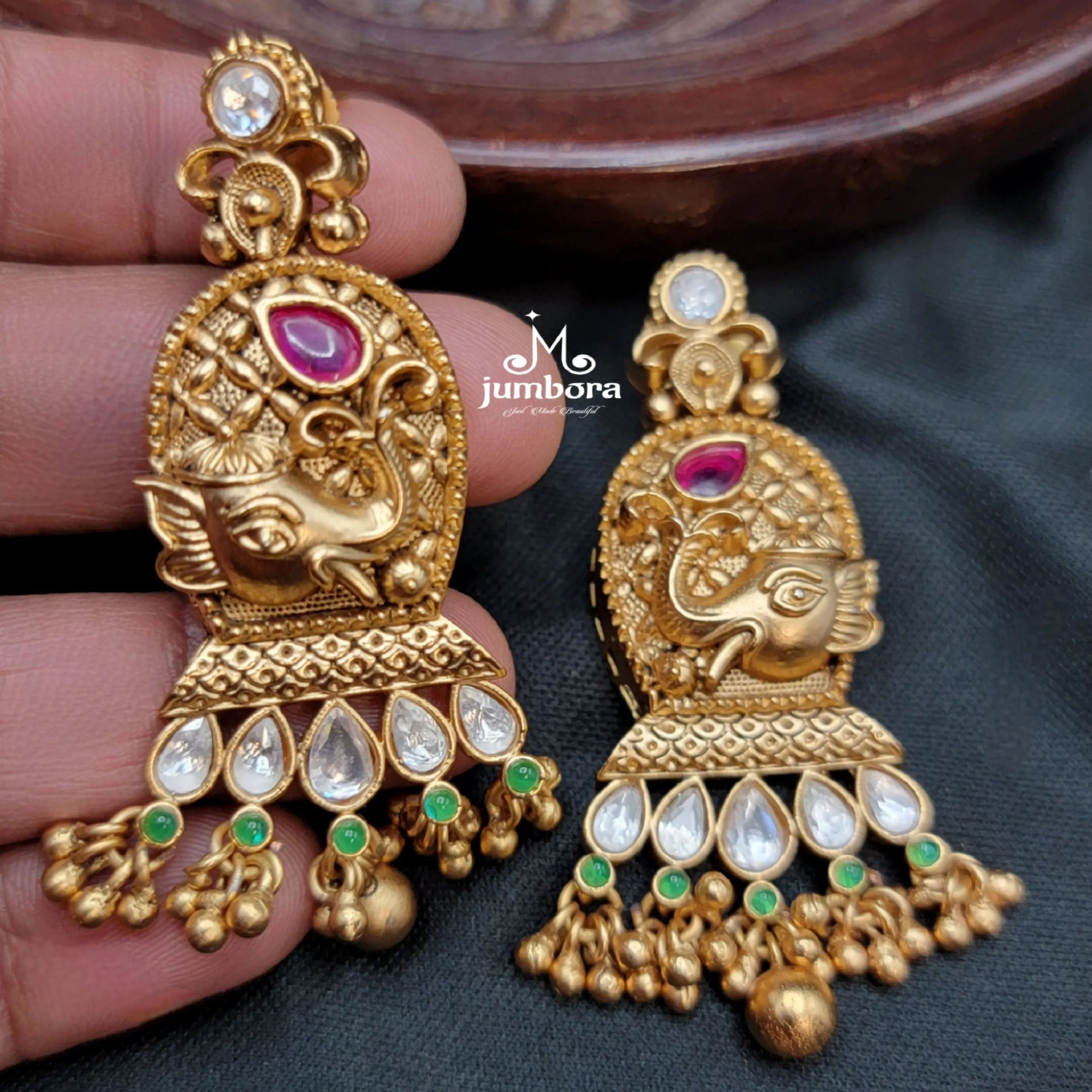 Rajwadi Ganesha Paachi Kundan Pearl & Red Green Hydro beads Mala set