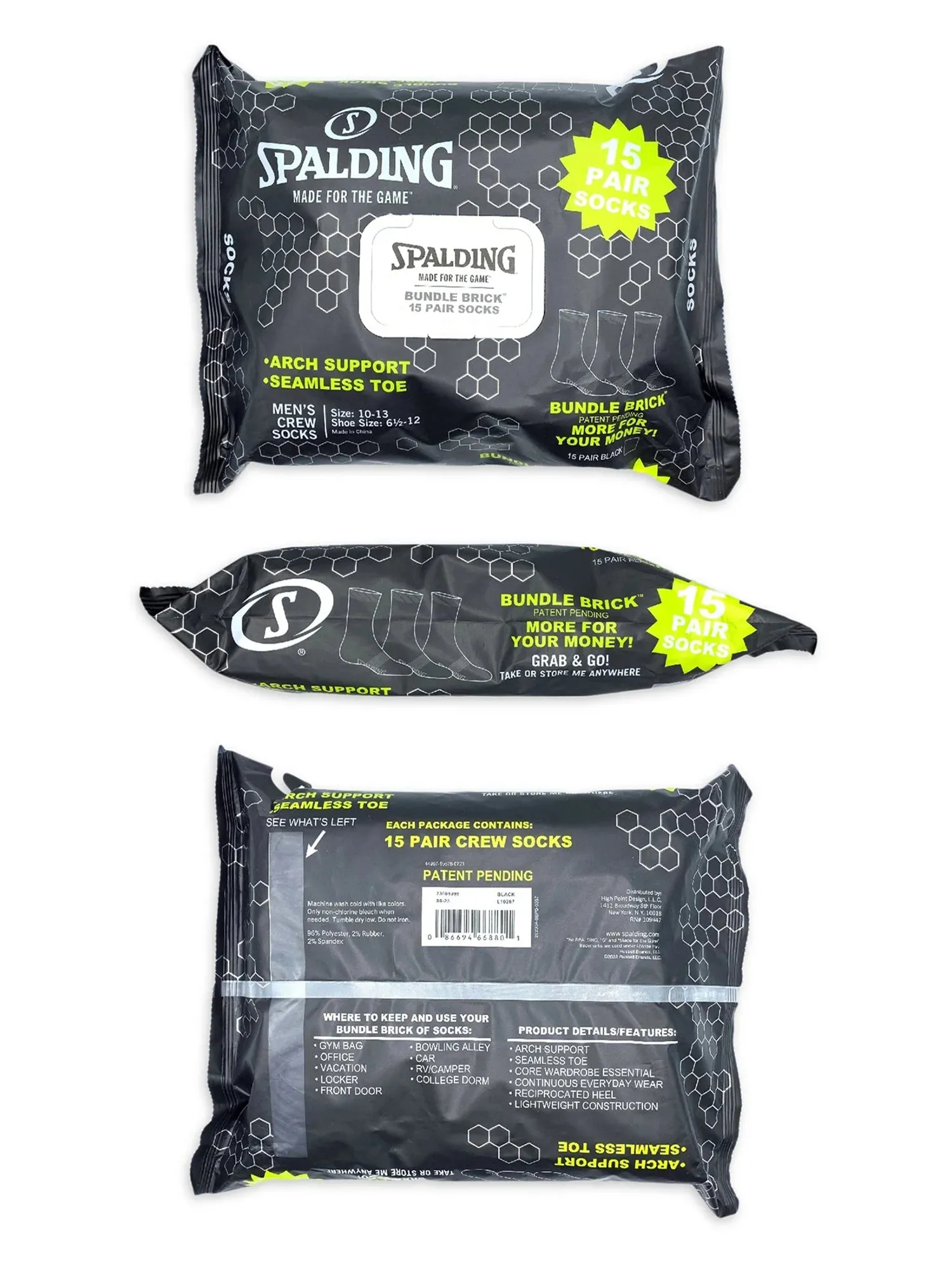 Spalding Men's Black Crew Socks, 15-Pack, Sizes 6.5-12