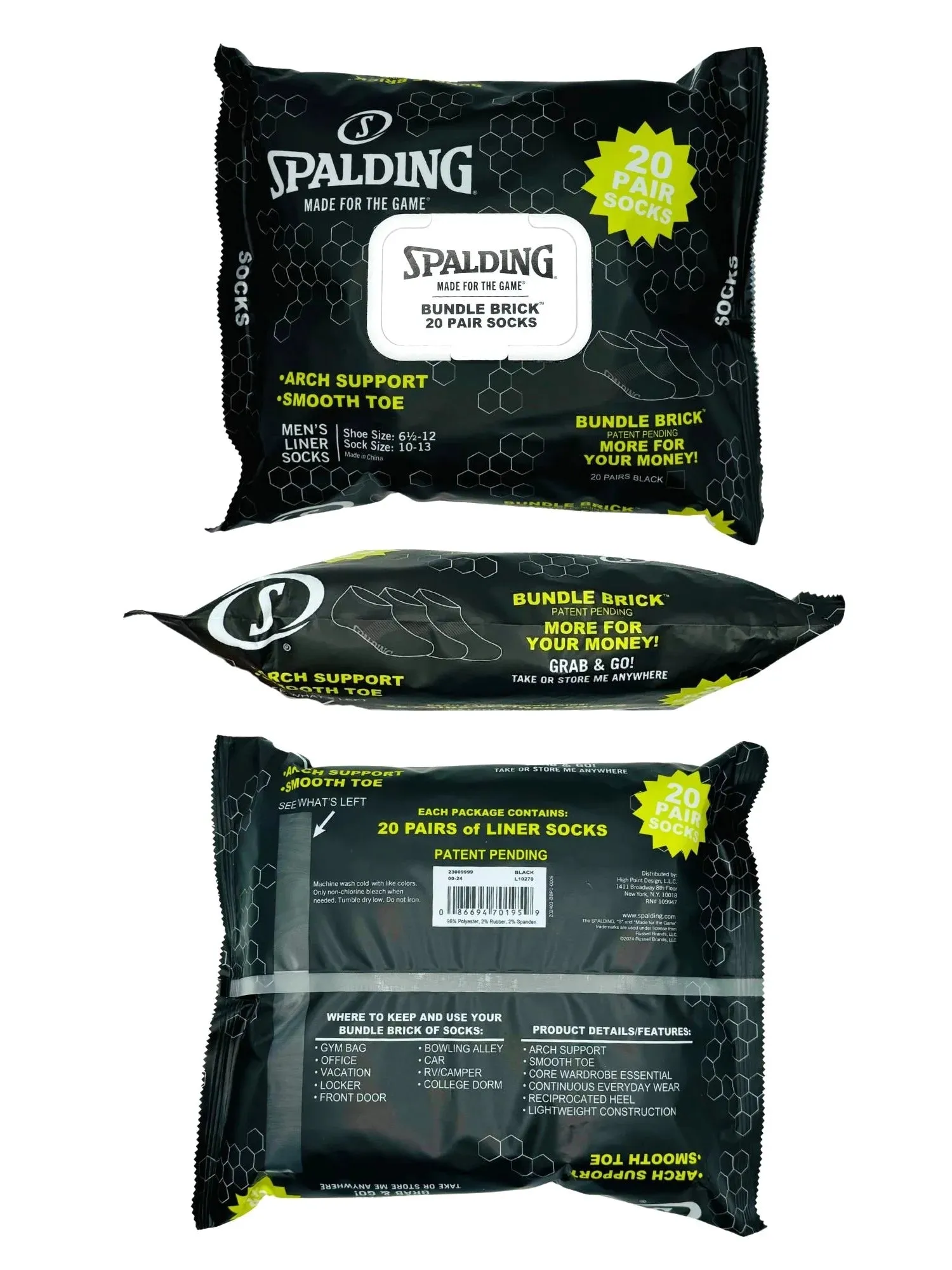 Spalding Men's Black Liner Socks, 20-Pack, Sizes 6.5-12