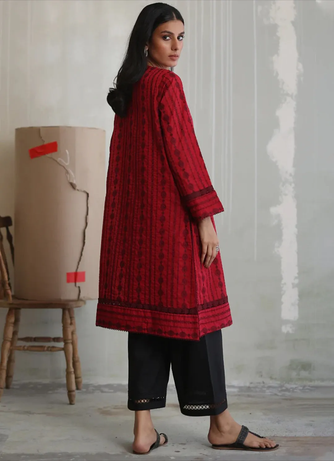 Spring Summer Pret '24 - Deep Red Chikan Kurta 18443