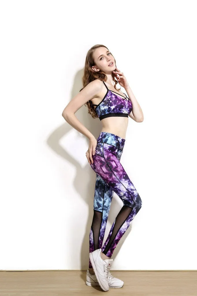 Women Activewear Legging Skinny Push Up High Class Patchwork Messh Legging Abstract Print