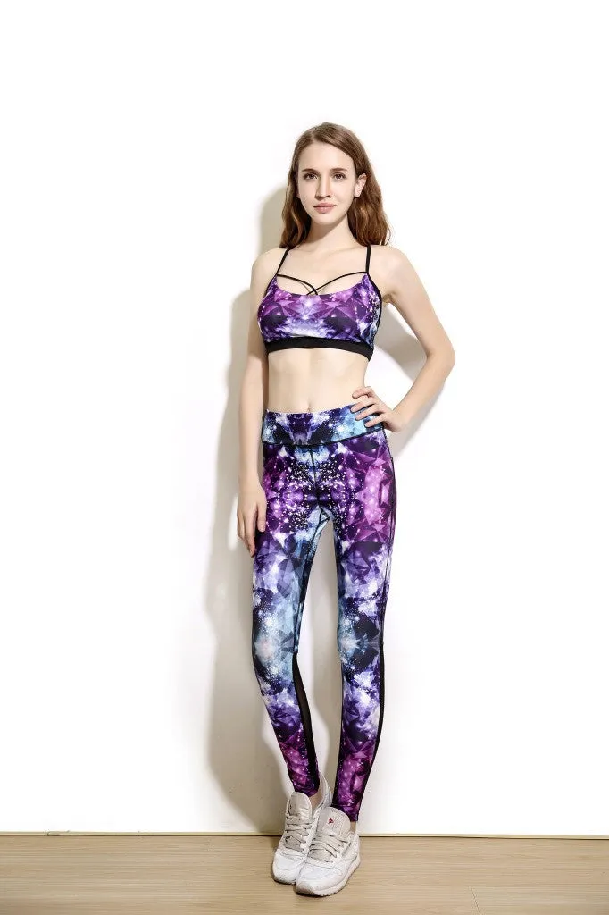 Women Activewear Legging Skinny Push Up High Class Patchwork Messh Legging Abstract Print
