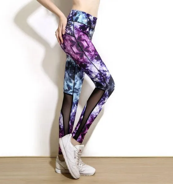 Women Activewear Legging Skinny Push Up High Class Patchwork Messh Legging Abstract Print