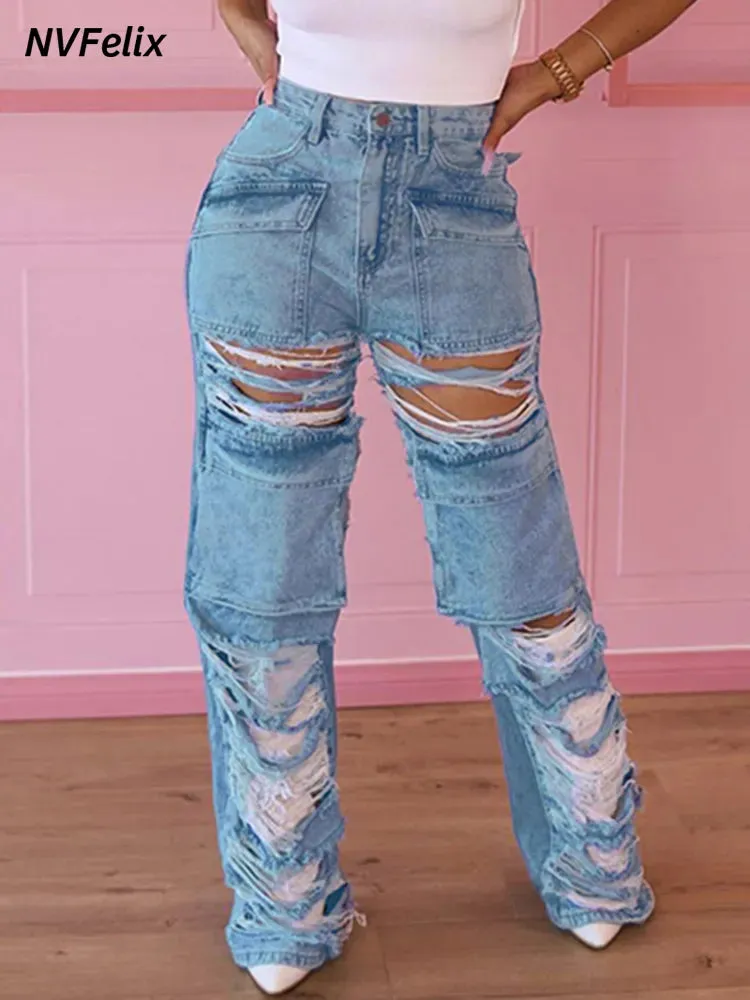 Women Baggy Straight Denim Jeans Loose Casual*