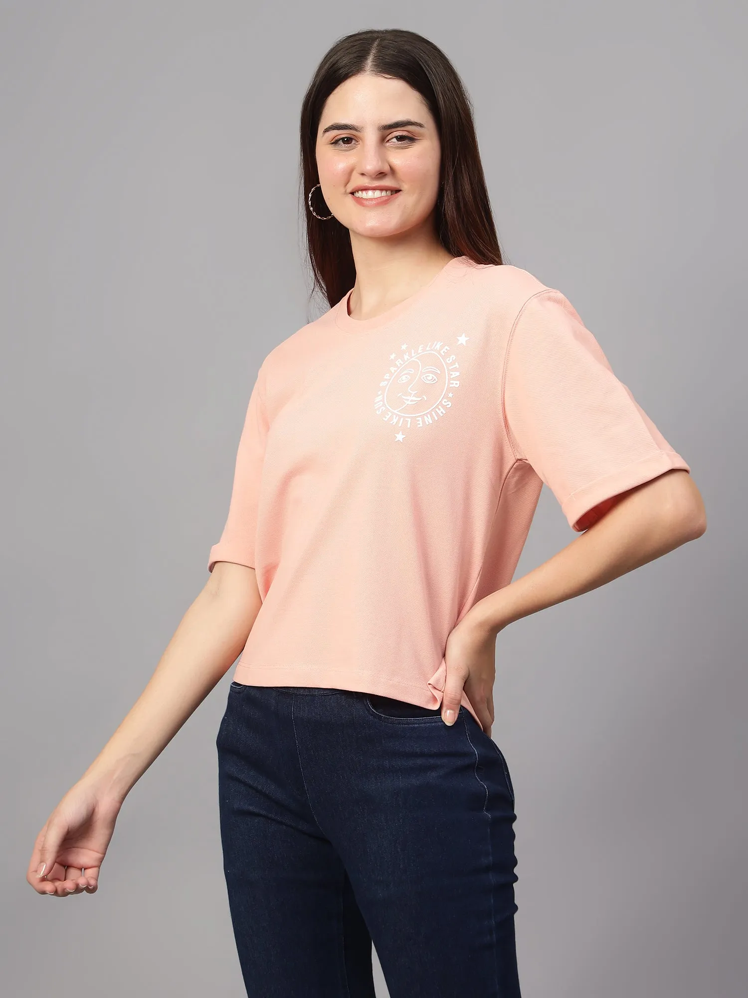 Women's Casual Regular Short Sleeve Peach Round neck Hi-density Print T-Shirt